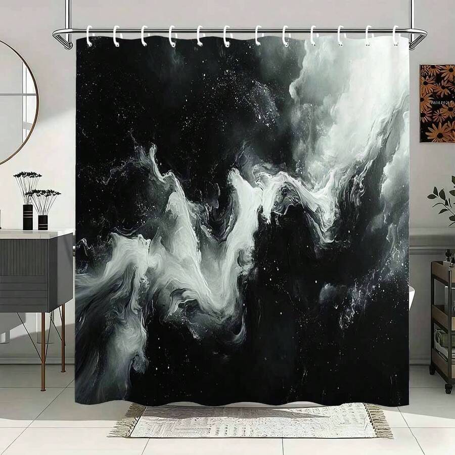 2D Plane, 1PC, Black & White Cosmic Wave Shower Curtain - Whimsical Bathroom Decor, Bathtub Curtain, Machine Washable, Easy Hang, Suitable For Whimsical Lovers & Home Bathrooms, Perfect For Transforming Your Bathroom Into A Cosmic Wave Retreat - A - 查看 1