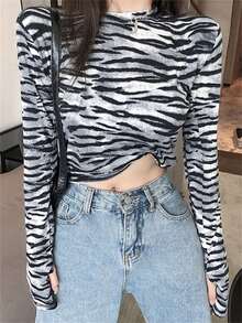 时尚斑马纹长袖T恤，性感修身女士打底衫，春季款 - 黑色 - 查看 6