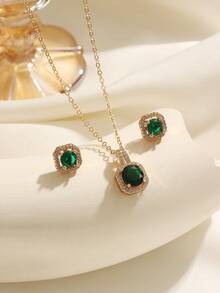 1 Set Vintage Elegant Emerald Green Zirconia Copper Alloy Jewelry Set, Fashionable Luxury Square Accessories Suitable For Daily Wear And Gifting - Multicolor - View 3