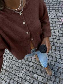 Women's Elegant French Romantic Casual Loose Knit Cardigan Sweater, Minimalist Design For Autumn/Winter - Coffee Brown - View 1