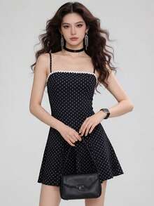 Women Dot Print Mini Dress Slim Ric Rac Square Neck Spaghetti Strap Short A-Line Dresses For Daily Party Club - Black - View 2