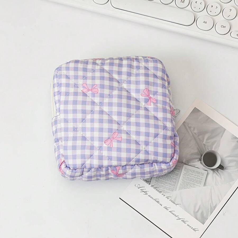 Printed Sanitary Napkin Storage Bag, Portable Large Capacity Menstrual Bag, Student Period Bag, Small Wallet, Stationery Pencil Case, Washable Makeup Bag - 白色背景上的粉紅色蝴蝶結 - 查看 1