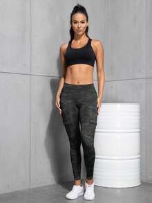 女士多口袋工装健身裤 - 多口袋设计，方便放置智能手机，弹力修身运动紧身裤 - 灰色 - 查看 3