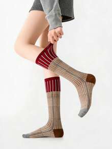 1/3 Pairs New Retro American Style Fine Plaid & Houndstooth Knee-High Socks - Multicolor - View 6