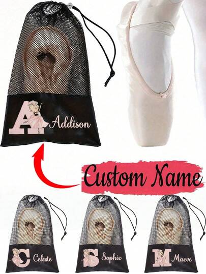 1 pieza Bolsa personalizable para zapatos de ballet, impresa con patrón de bailarina, cierre de cordón, nombre personalizable, diseño elegante de malla y unicolor, bolsa reutilizable para almacenamiento de zapatos de baile con bolsillo de malla, bolsa para zapatillas de punta de ballet, bolsa de baile personalizada, mochila de cordón de ballet, mochila de baile personalizada para mujeres, gimnasia, clase de baile, regalo de cumpleaños para bailarina/mejor amiga, bailarina