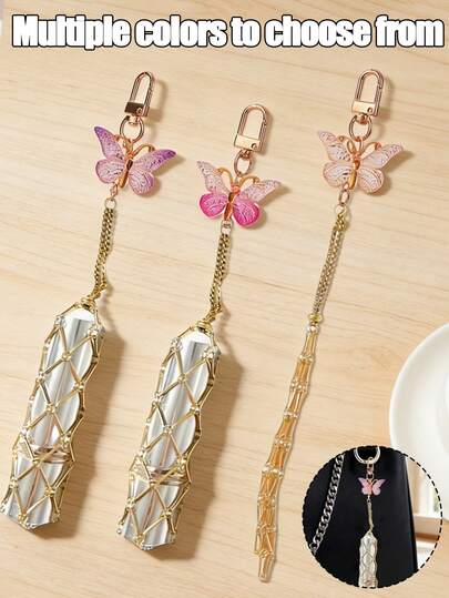 金属唇膏收纳包挂饰，带可替换不锈钢网袋，蝴蝶造型装饰唇膏盒钥匙扣。时尚的唇膏和化妆品悬挂装饰品，手提包和钱包的时尚挂件，便携式化妆配件，适合女性、女孩、爱美人士和送礼，也适合作为情人节小礼物、生日礼物和趣味红包礼物。