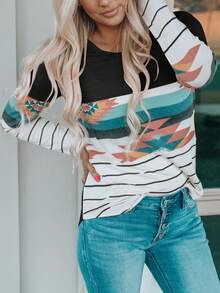 Acelitt 女士圆领长袖休闲几何条纹印花 T 恤