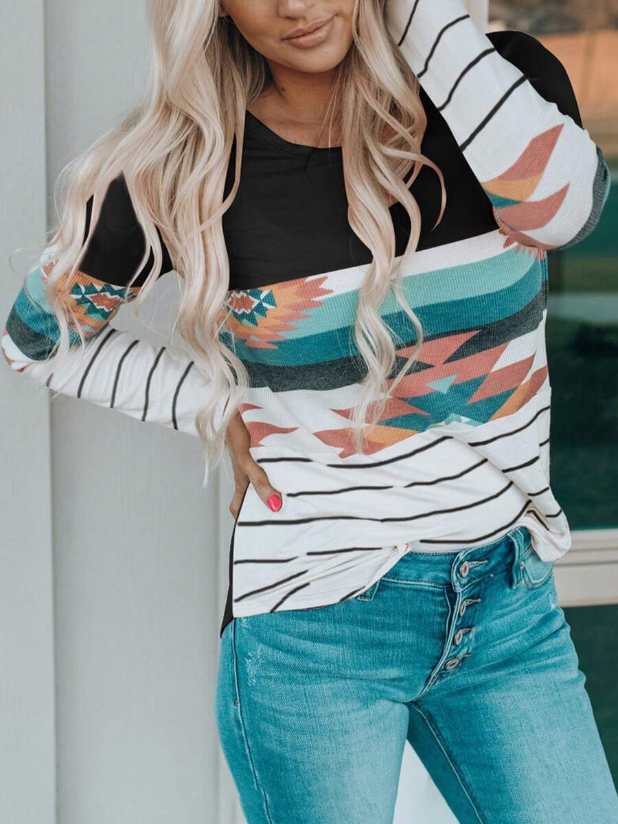 Acelitt 女士圆领长袖休闲几何条纹印花 T 恤