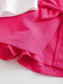 少女时尚T恤套装，3D爱心设计，休闲裤裙，女童套装，舒适外套，可爱搭配，时尚女童服装 - 玫紅色 - 查看 7