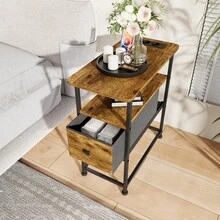 Table de chevet avec fonction de chargement 60 x 30 x 62 cm, table d'appoint avec tiroir, table basse 3 niveaux avec étagère ouverte, gain de place et facile à monter, commode pour chambre ou salon, blanc/noir/marron - Tabac - Voir 10