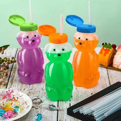 Vaso con popote para bebe 3 Piezas, vaso entrenador con popote, botellas en forma de oso, con cepillo para limpiar paja, grado alimenticio, sin BPA. incluye 3 botellas de ositos, 6 popotes reutilizables y 1 cepillo para limpiar paja
