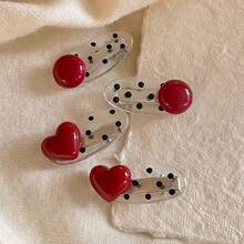 2pcs Red Heart Polka Dot Duckbill Hair Clips - Vintage Sweet Style Side Bangs Clips, Gentle Grip Hair Accessories For Women & S, Cute Everyday Hair Clips, Duckbill Clip Design YQME - Heart Shape * 2 - View 1