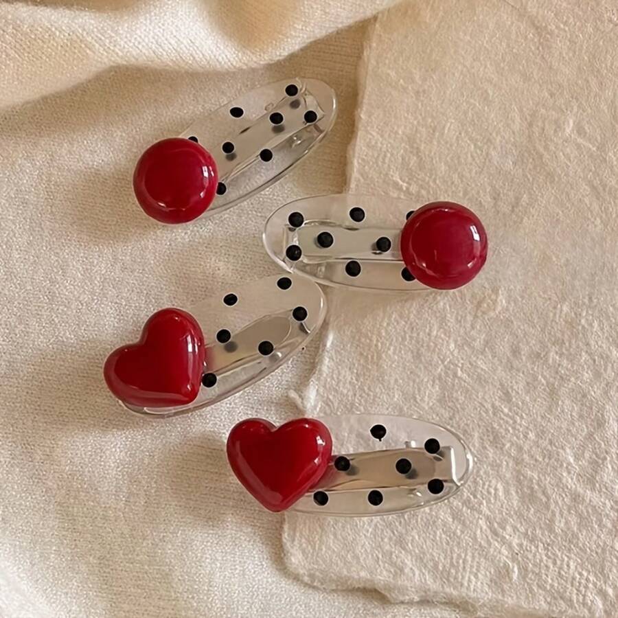 2pcs Red Heart Polka Dot Duckbill Hair Clips - Vintage Sweet Style Side Bangs Clips, Gentle Grip Hair Accessories For Women & S, Cute Everyday Hair Clips, Duckbill Clip Design YQME - Heart Shape * 2 - View 1