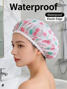 3pcs/Set Reusable Waterproof Shower Cap, Bathing Cap, Hair Washing Cap, Cherry Print Shower Cap, Waterproof Bathing Cap, Elastic Hair Cover, Bathroom Decor, Suitable For Valentine's Day, New Year, Spring Vacation, Home SPA, Travel - Multicolor - View 5