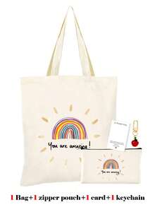 10/5/4/2pcs/1pc/Set Teacher Themed Canvas Tote Bag, Shopping Bag, Zipper Pouch, Appreciation Card, Apple Keychain Canvas Gift Set, Suitable For Back To School, Graduation, Teacher's Day, Multi-Purpose Shopping Bag, Book Bag, Stationery Pouch Set, Portable For SPA, Party, Gym, Travel, Cosmetic Organizer - Beige - View 18