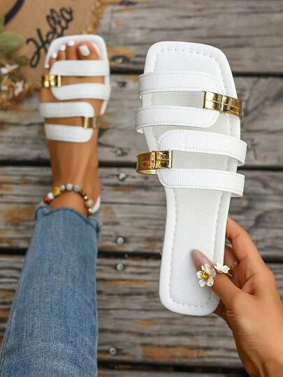 Women's Gold Strap Decor Multi-Strap Design Fashionable Flat Open Toe Slippers, Light Luxury Style Spring & Summer White Lychee Pattern PU Leather Sandals, Must-Have Valentine's Day Outfit Beach Vacation Shoes, Elegant Slip-On Sandals For Commuting & Daily Wear, Lightweight Summer Beach Travel Sandals, New Spring Summer Versatile Outdoor White Beach Slippers, Elegant Ladies Sandals