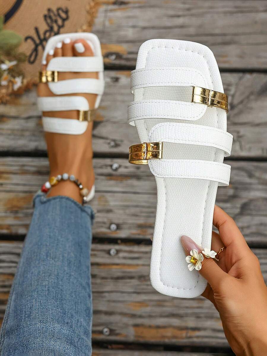 Women's Gold Strap Decor Multi-Strap Design Fashionable Flat Open Toe Slippers, Light Luxury Style Spring & Summer White Lychee Pattern PU Leather Sandals, Must-Have Valentine's Day Outfit Beach Vacation Shoes, Elegant Slip-On Sandals For Commuting & Daily Wear, Lightweight Summer Beach Travel Sandals, New Spring Summer Versatile Outdoor White Beach Slippers, Elegant Ladies Sandals - White - View 1