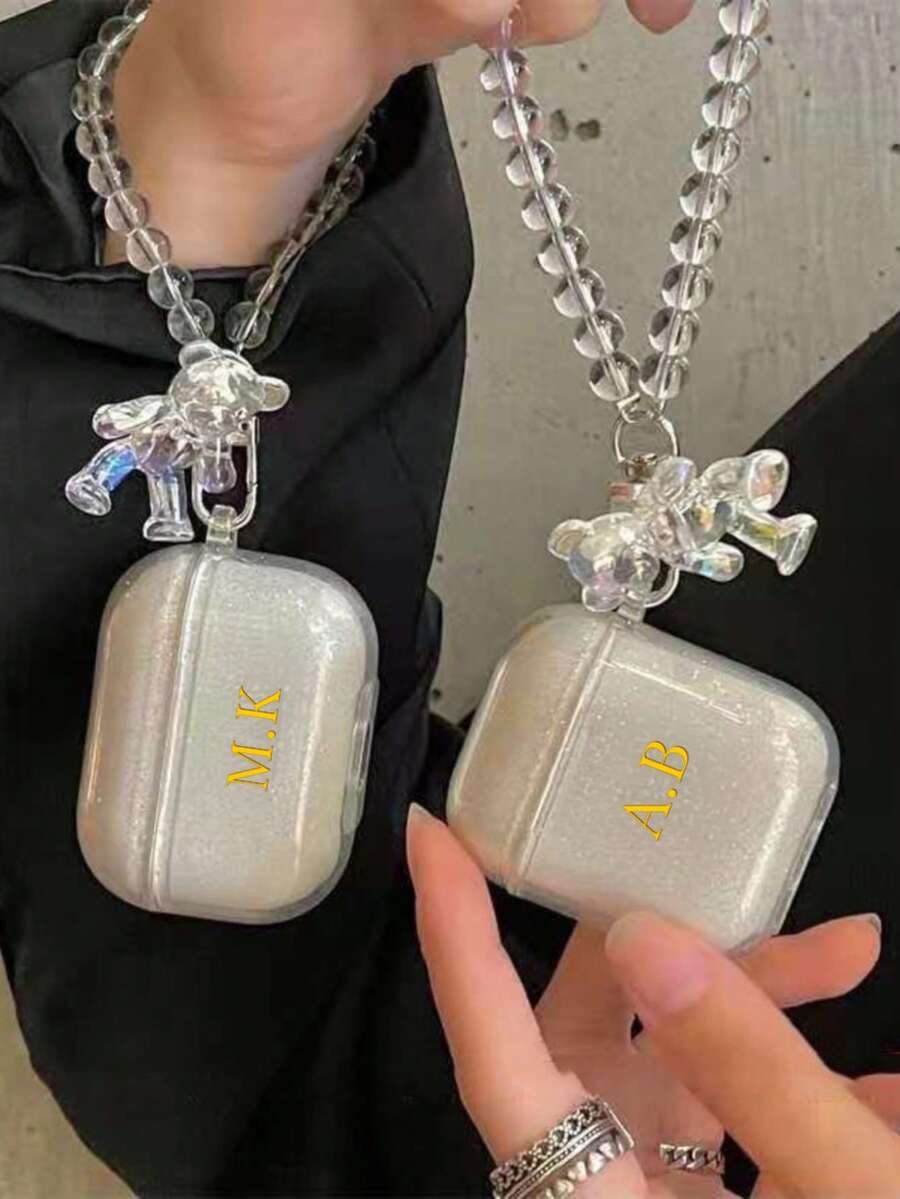 Customized (2-Piece Set, Including Teddy Bear Crystal Pendant) Transparent Glitter Earphone Case Compatible With AirPods 1/2 3 New 4 Pro 3, Personalized Letter Name, Back To School, Valentine's Day Gift, Good Birthday Gift, Holiday Gift, Gift For Men And Women, Personalized Gift - Clear - View 1