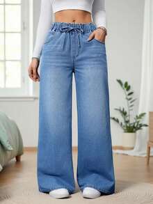 Jeans de pierna recta para mujer talla grande, cintura elástica, diseño con cordón, con bolsillos, largo completo, elasticidad media, casual para primavera y otoño - Lavado ligero - Ver 4