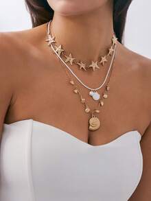 3pcs/Set Geometric Chain Starfish & Shell Pendant Necklace Set, Elegant Luxury Ocean Beach Holiday Party Casual Daily Wear Necklace Gift For Women, Couples, Birthday - Necklace - View 2