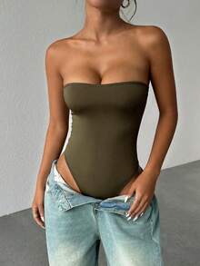 GAOVOT Women's Summer Casual Sports Y2K Sexy Spaghetti Strap Bodysuit - Olive Green - View 7