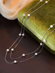 1pc S925 Sterling Silver Personalized Starry Sky Double Layer Pearl Necklace, Luxury Minimalist Beaded Sweater Chain, Exquisite Holiday Gift For Women - Pearl - View 1