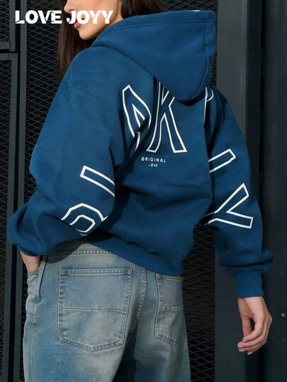 LOVE JOYY Women Loose Letter Print Hoodie Sweatshirt, Casual Street Style Pullover, Blue, Suitable For Daily Wear, Autumn/Winter
