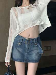 两件套女士针织罩衫，Y2K风格，性感休闲，轻盈镂空系带露脐上衣，适合海滩、度假、街头穿着，春夏皆宜 - 乳白色 - 查看 6