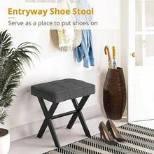 LUE BONA - Taburete de cambiador taburete cua de lino con patas de metal X silla otomana pequeña para cambiador moderno taburete acolchado para reposar pies para sala de  sala de - gris carbn - Ver 6