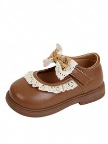 1 Pair New Casual Fashion Flat Shoes For Baby Girls, Made Of Quality PU Material, Decorated With Lace And Bow, Lightweight And Stable Sole, Versatile For Walking, Travel, Outdoor Wear, Suitable For All Seasons - Brown - View 6