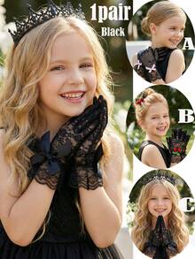 1 Pair Ultra Stretch Lace Gloves For Girl & Girls, Ages 4-12 Years, Black Series - Suitable For Wedding, Pageant, Flower Girl, Dance Performance & Birthday Princess Photo Props - 1Pair - View 1