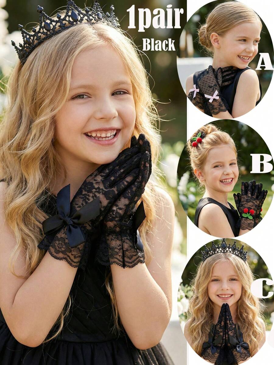 1 Pair Ultra Stretch Lace Gloves For Girl & Girls, Ages 4-12 Years, Black Series - Suitable For Wedding, Pageant, Flower Girl, Dance Performance & Birthday Princess Photo Props - 1Pair - View 1