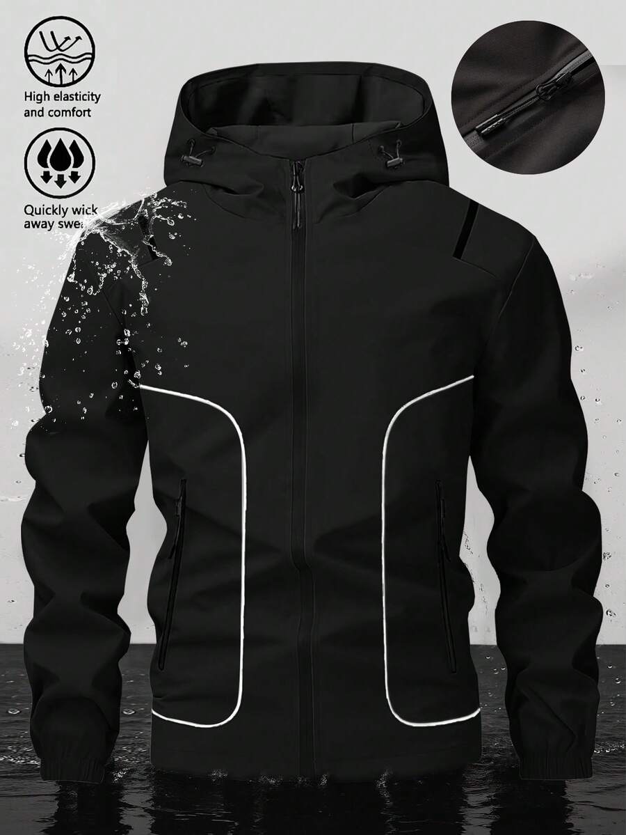 Men Hooded Long Sleeve Jacket With White Stripe Decor, Zipper Closure, Suitable For Sports Or Casual Wear, Fall - Black - View 1