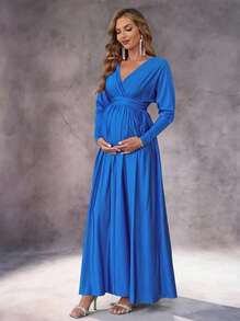 Irresista Maternity Simple Solid Color V-Neck Long Sleeve Dress - Blue - View 1