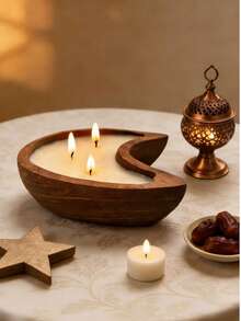 1pc Wooden Dough Bowl With Eid Moon And Candle, Eid Mubarak Plate With Scented Candle, Holiday Decor, Holiday Candle, Birthday Gift, Souvenir And Small Gift, Suitable For Ramadan, Christmas, Mother's Day, Eid Al-Adha, Saudi National Day, Tabletop Decor And Home Decor, Photography Props Decor And Surprise Gift - Multicolor - View 4
