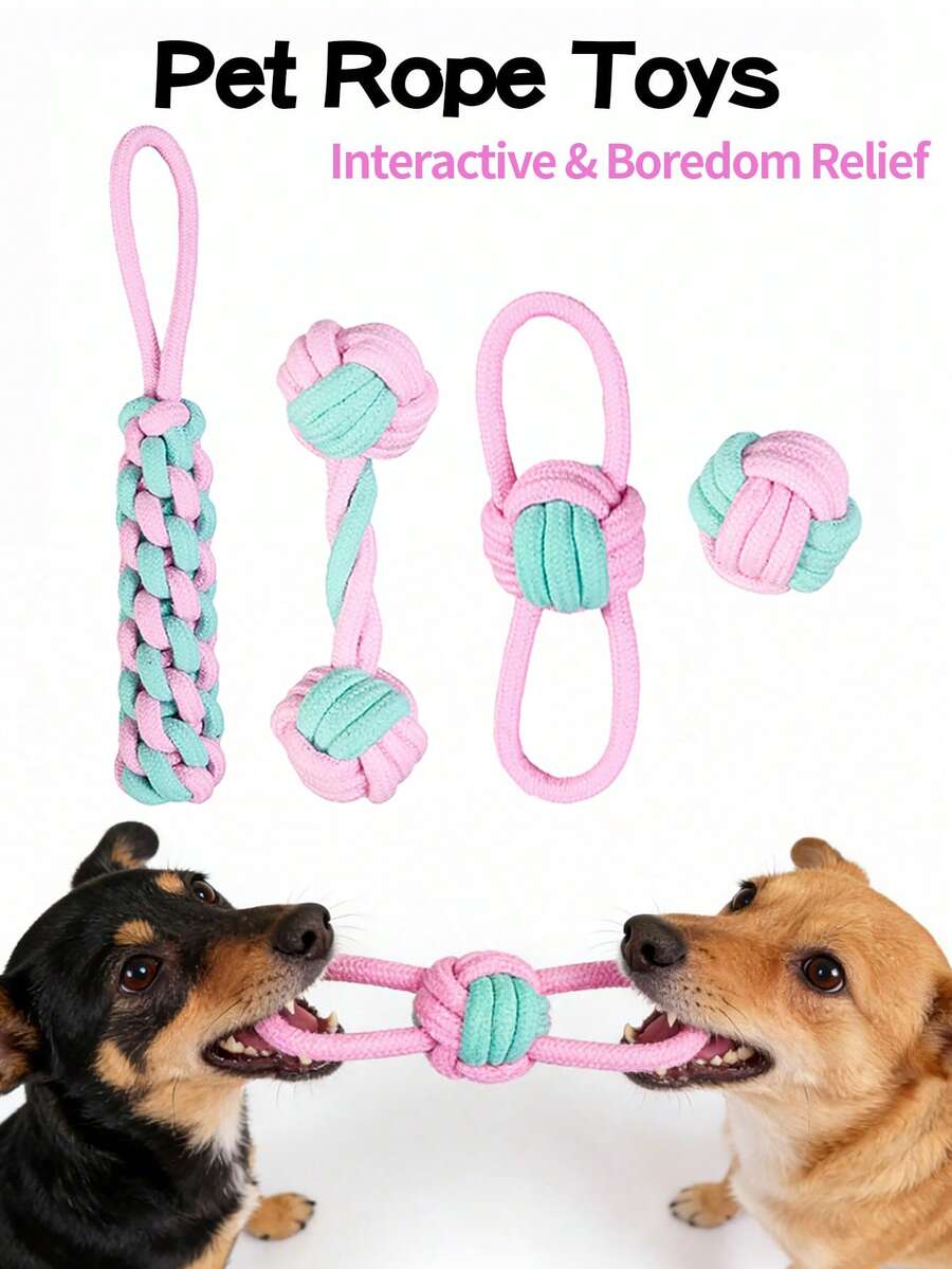 2pcs/Set Pink & Green Dog Braided Rope Ball Toys, Handmade Colorful Woven Rope Toys, Double Loop Tug Of War Toys For Small/Medium Dogs, Chew Toys For Dental Care - Multicolor - View 1