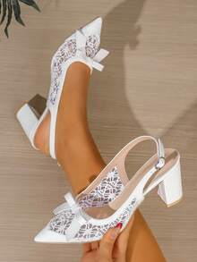 女士白色尖头粗跟工作鞋，后系带露跟鞋，低鞋面春秋季鞋，露跟蝴蝶结网纱装饰，时尚性感百搭纯色约会高跟鞋 - 白色 - 查看 6