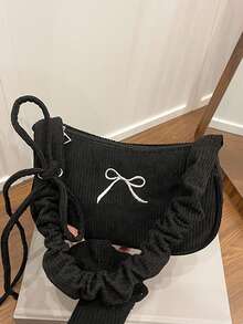Modische lässige Cord-Damen-Umhängetasche, minimalistische Schmetterlingsstickerei-Dekoration, exquisites kompaktes Design, gestreift, geeignet für tägliche Ausflüge, Einkaufen, Dates, Partys, Pendeln, ganzjährig, ideales Geschenk für Frauen mit modischem lässigem Stil - Schwarz - Übersicht 8