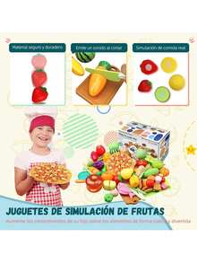 Comida De Juguete, 58 Pack Frutas y Verduras De Juguete Para Cortar, Juguetes Didacticos Montessori, Accesorios Con Cesta De La Compra, Mini Platos De Plástico y Cuchillo, Regalo Ideal Para 3+ Años,40841858 - Multicolor - Ver 1