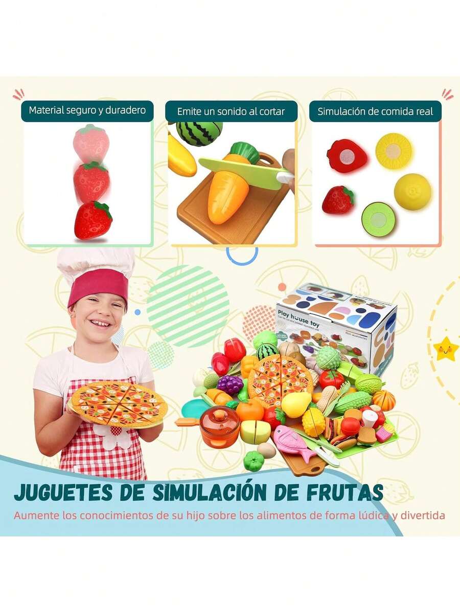 Comida De Juguete, 58 Pack Frutas y Verduras De Juguete Para Cortar, Juguetes Didacticos Montessori, Accesorios Con Cesta De La Compra, Mini Platos De Plástico y Cuchillo, Regalo Ideal Para 3+ Años,40841858 - Multicolor - Ver 1