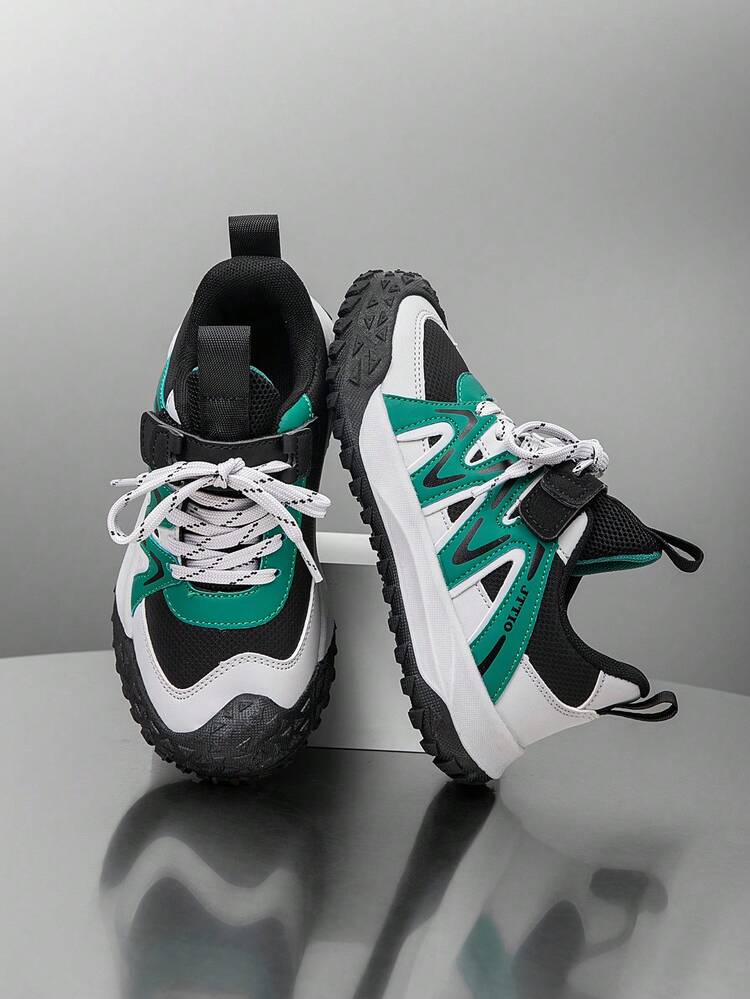 1 Pair Kids Shoes, Colorblock Breathable Comfortable Versatile Lightweight Outdoor Sports Shoes, Fashion Casual Sneakers, Unisex - Green - View 3