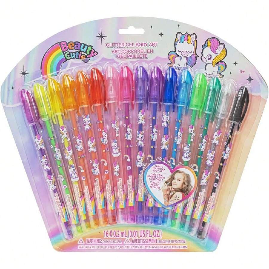 Unicorn - Juego de 16 bolígrafos con purpurina para arte corporal, diseño de unicornio, colores brillantes y relucientes, para niños de 3 años,40844151 - Agua verde azul - Ver 1