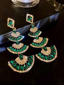 1 Đôi Hoa tai quạt cổ điển, Hoa tai dài thời trang Âu Mỹ phóng đại, Hoa tai nhiều lớp Thích hợp cho tiệc tùng/hẹn hò/sử dụng hàng ngày của phụ nữ - màu xanh lá - Xem 8