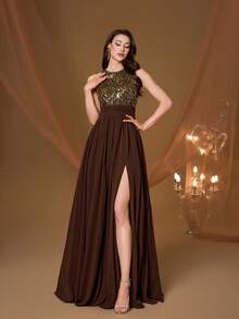 Mgiacy New Arrival Round Neck Halter Fancy Evening Gown Dress Sequin Ruched High Slit Chiffon Long Dress - Brown - View 3