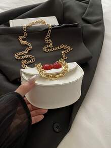 Mini Square Handbag, New Spring/Summer Plaid Color Block Casual Shoulder Tote Bag, Versatile, Cherry Pattern Saddle Bag - White - View 6