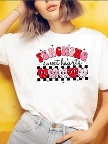 Camiseta de Mujer, 100% Algodón, Blanca - Diseño "Teaching Sweet Hearts" - Blanco - Ver 1