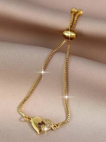 1 pieza Pulsera de cadena con circonita cúbica con diseño hueco en forma de corazón, diseño minimalista y único, ajustable, adecuado para uso diario, regalo para niñas/adolescentes - Amarillo - Ver 4