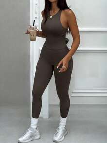 GAOVOT Women's Two Pieces Spring/Summer Sports Casual Sexy Neck Tank Top And High-Waisted Bodycon Pantsuit For Running Exercise Yoga Gym Clothes - Brown - View 10