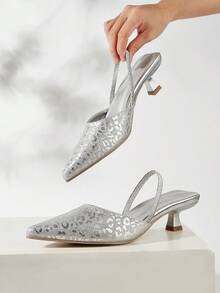 女士亮片细高跟鞋，豹纹尖头套脚凉鞋，优雅晚宴鞋，适合音乐节（随机裁剪） - 銀色 - 查看 6