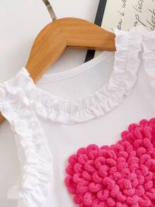 少女时尚T恤套装，3D爱心设计，休闲裤裙，女童套装，舒适外套，可爱搭配，时尚女童服装 - 玫紅色 - 查看 4